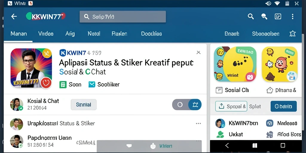Tampilan antarmuka aplikasi KKWIN777 dengan beragam stiker dan status.