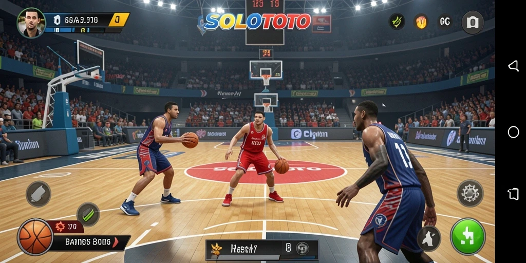 Tampilan antarmuka SOLOTOTO saat permainan basket berlangsung.
